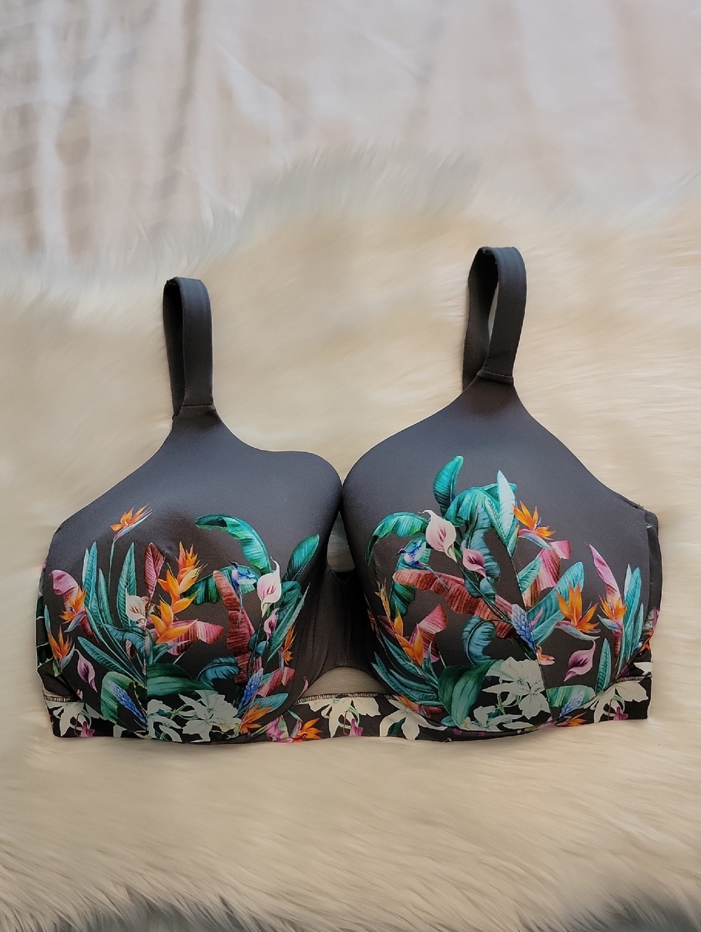 Cacique Womens Bra 46G Lightly Lined Full Coverage Gray Floral Pastel Flower